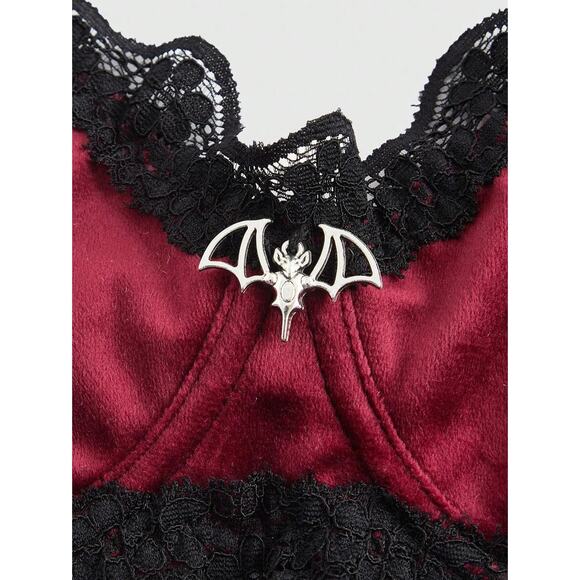 Goth Emo Punk Red Velvet Crop Top Bralette w/ Bat Charm S (4) - Picture 2 of 4